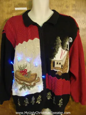 Sleigh and Cabin Theme 80s Light Up Ugly Xmas Sweater