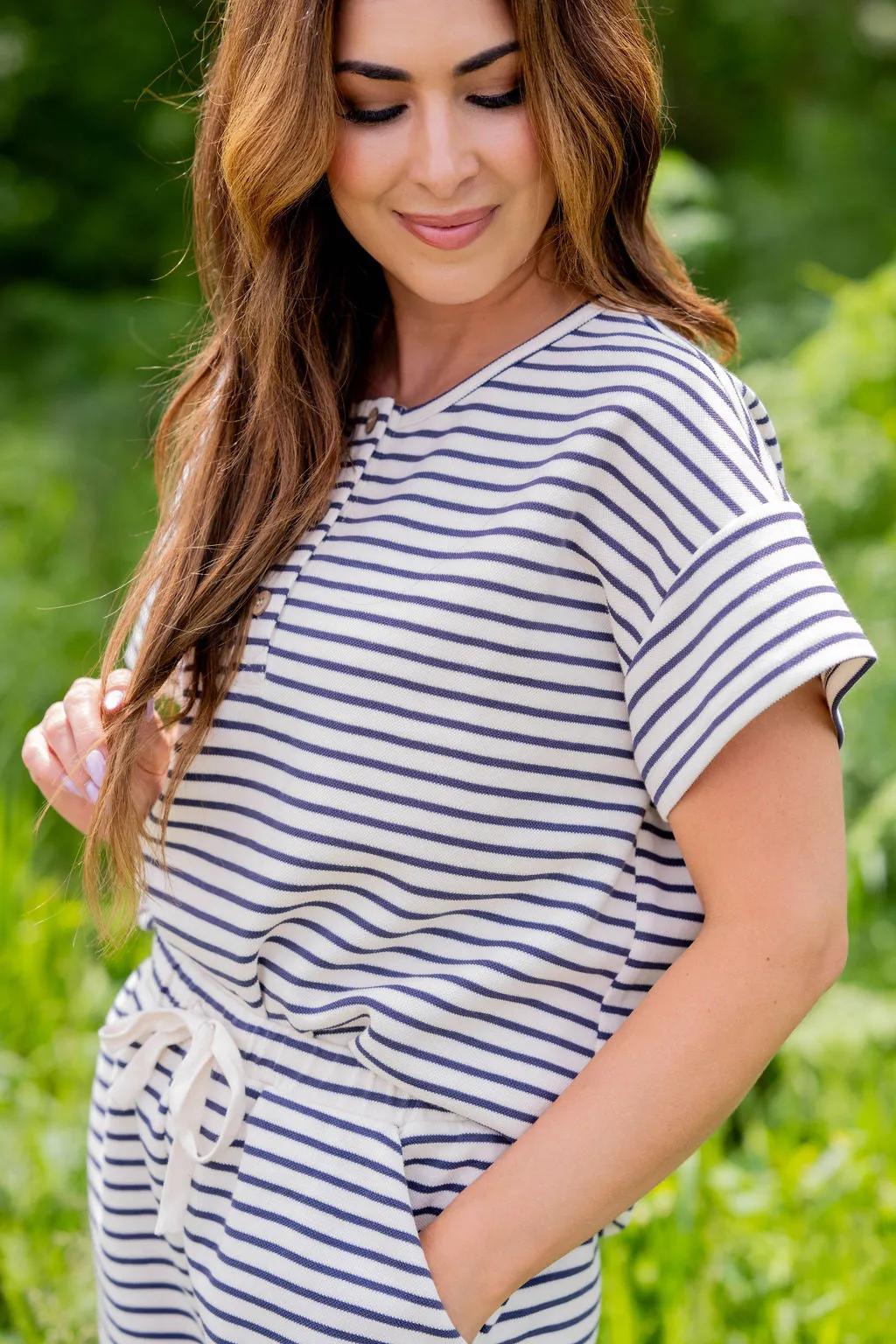 Striped Tri Button Relaxed Tee