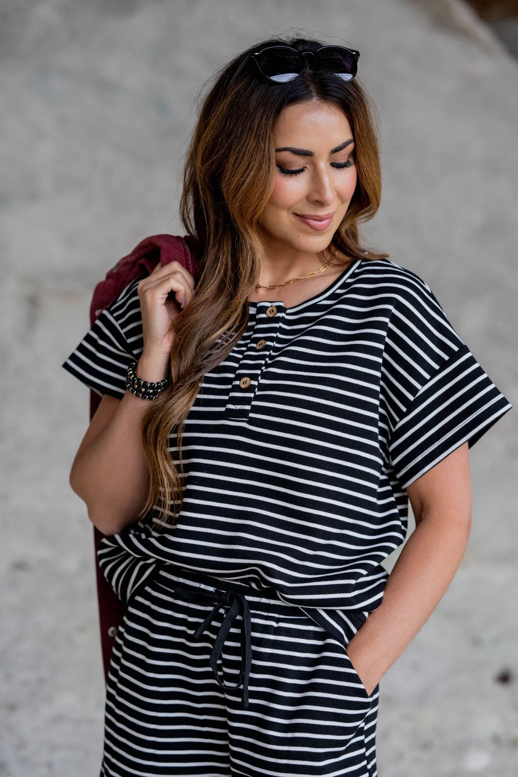 Striped Tri Button Relaxed Tee