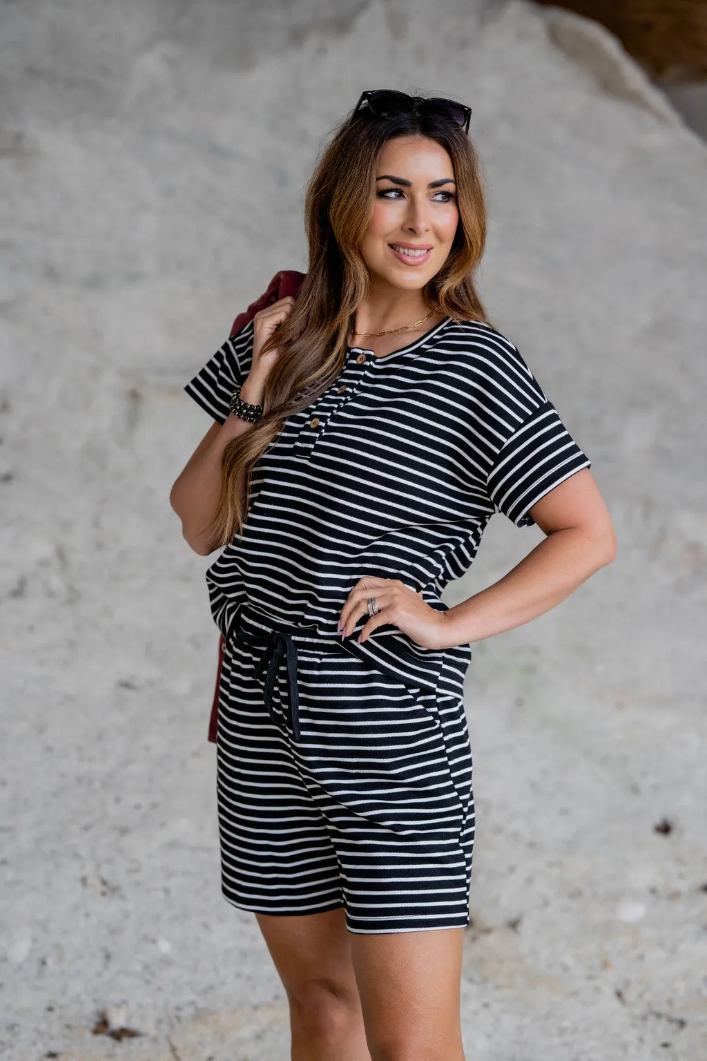 Striped Tri Button Relaxed Tee