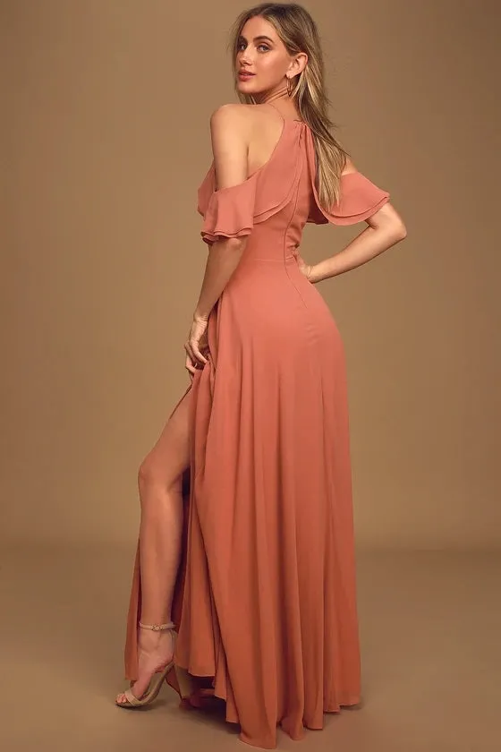 Stun and Only Rusty Rose Ruffled Off-the-Shoulder Maxi Dress