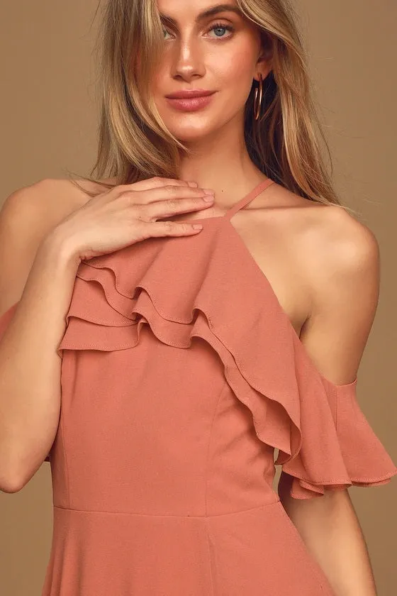 Stun and Only Rusty Rose Ruffled Off-the-Shoulder Maxi Dress