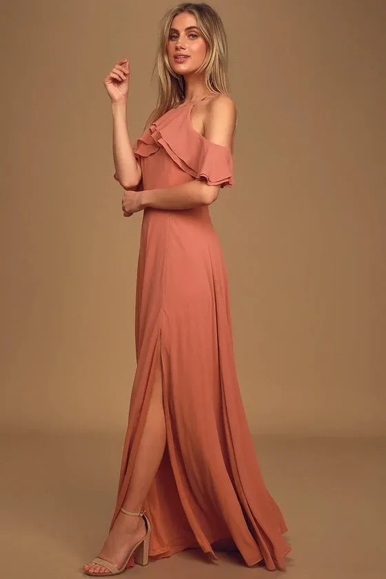 Stun and Only Rusty Rose Ruffled Off-the-Shoulder Maxi Dress