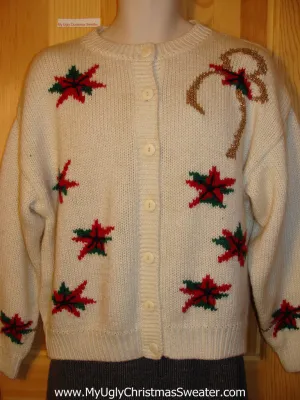 Tacky Cheap Ugly Christmas Sweater Cardigan with Vibrant Red Poinsettias on Front and Sleeves (f525)