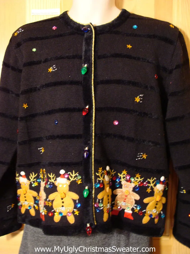 Tacky Cheap Ugly Christmas Sweater with Dancing Bears and 3D Lightbulb Button Accents. Loads of Bling Gems. Reindeer on Front and Back. (f532)