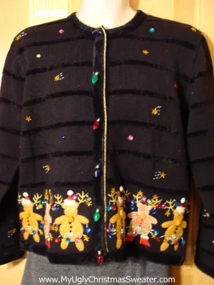 Tacky Cheap Ugly Christmas Sweater with Dancing Bears and 3D Lightbulb Button Accents. Loads of Bling Gems. Reindeer on Front and Back. (f532)