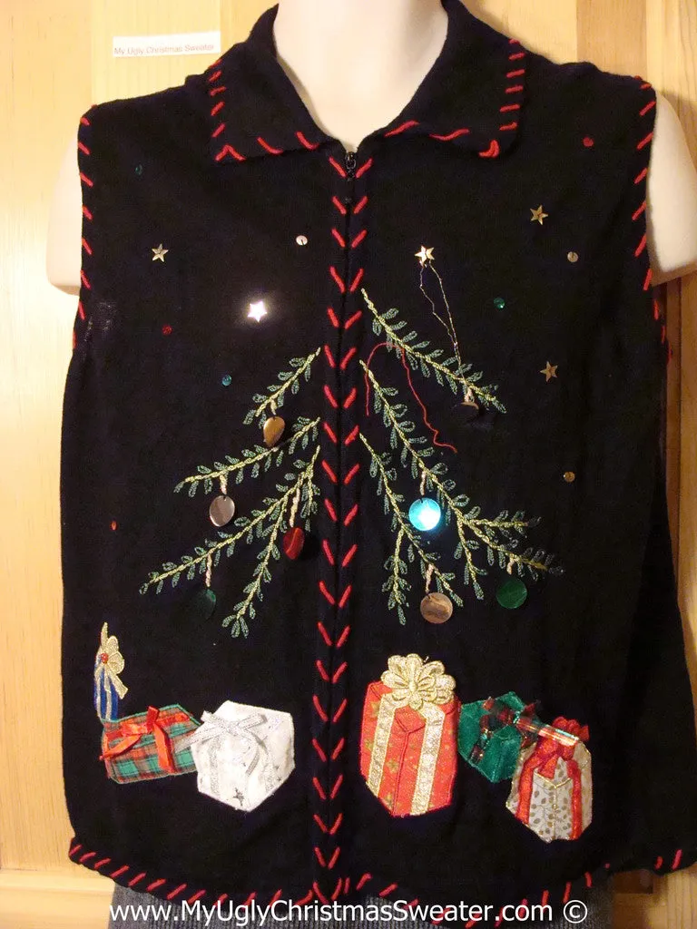 Tacky Christmas Sweater Party Ugly Sweater Vest wit Tree and Gifts and Bright Bling (f831)