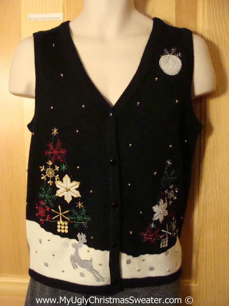 Tacky Christmas Sweater Party Ugly Sweater Vest  with Leaping Reindeer in a Winter Wonderland (f838)