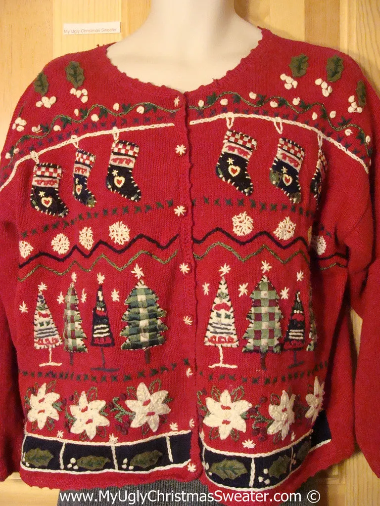 Tacky Christmas Sweater with Stockings, Trees, Poinsettias (f1312)