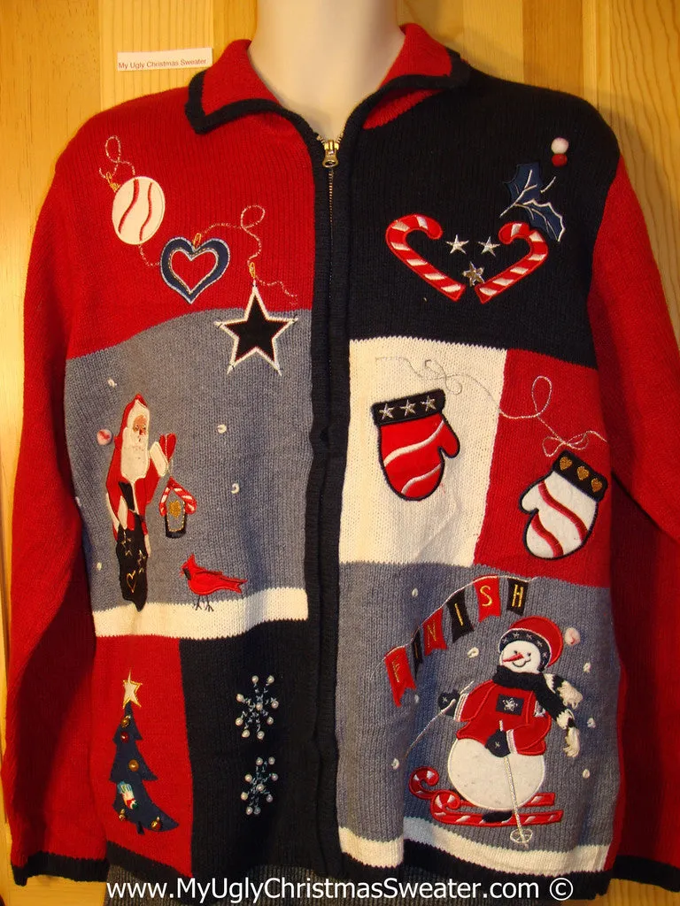 Tacky Patriotic Cheesy Holiday Sweater with Stars and Stripes Snowman, Santa, and Mittens (f1117)