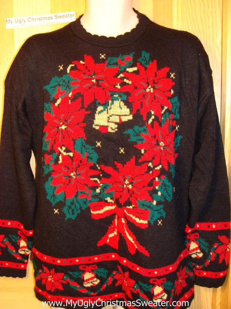 Tacky Ugly Christmas Sweater 'Holy Grail of Ugly' 80s Masterpiece with Huge Wreath of Red Poinsettias (f161)