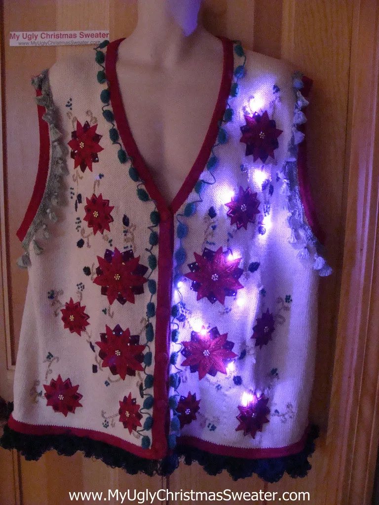 Tacky Ugly Christmas Sweater Poinsettia Vest with Lights and Fringe (g84)