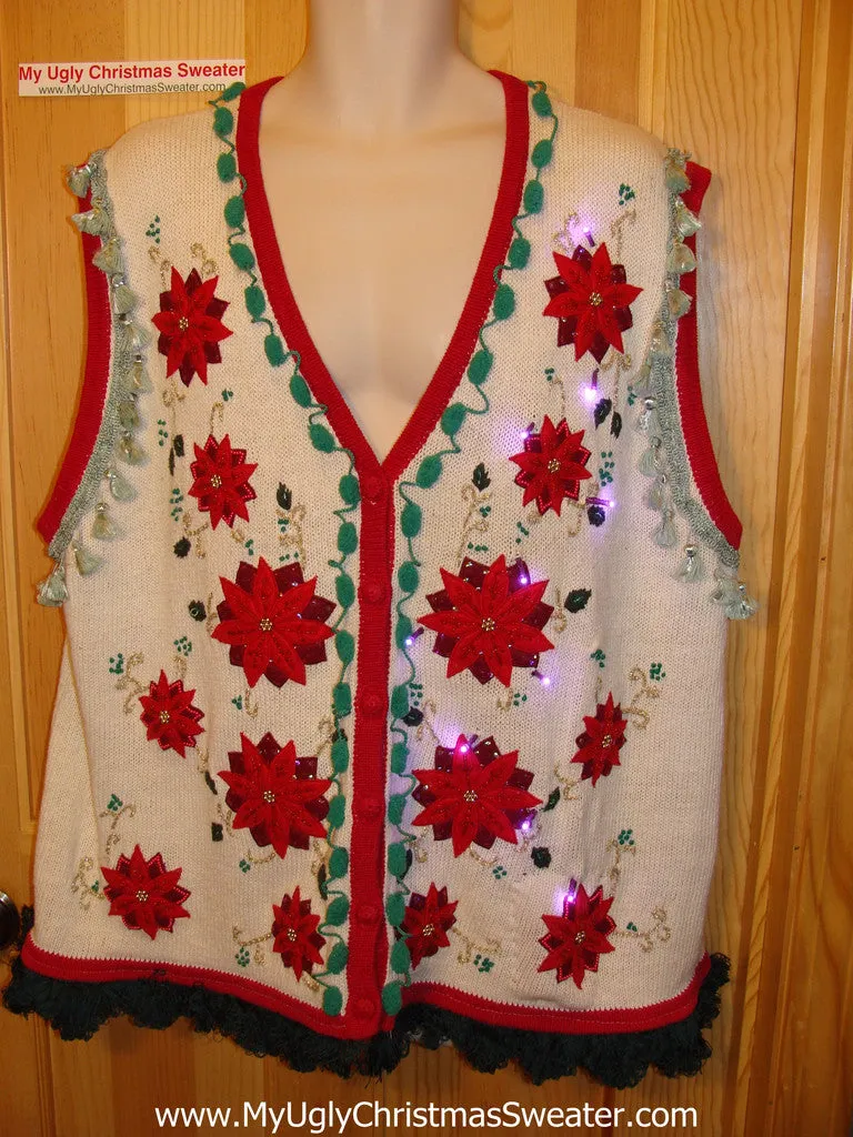 Tacky Ugly Christmas Sweater Poinsettia Vest with Lights and Fringe (g84)