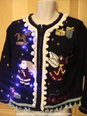 Tacky Ugly Christmas Sweater with Lights and Fringe. 80s Style with Padded Shoulders.  (g4)