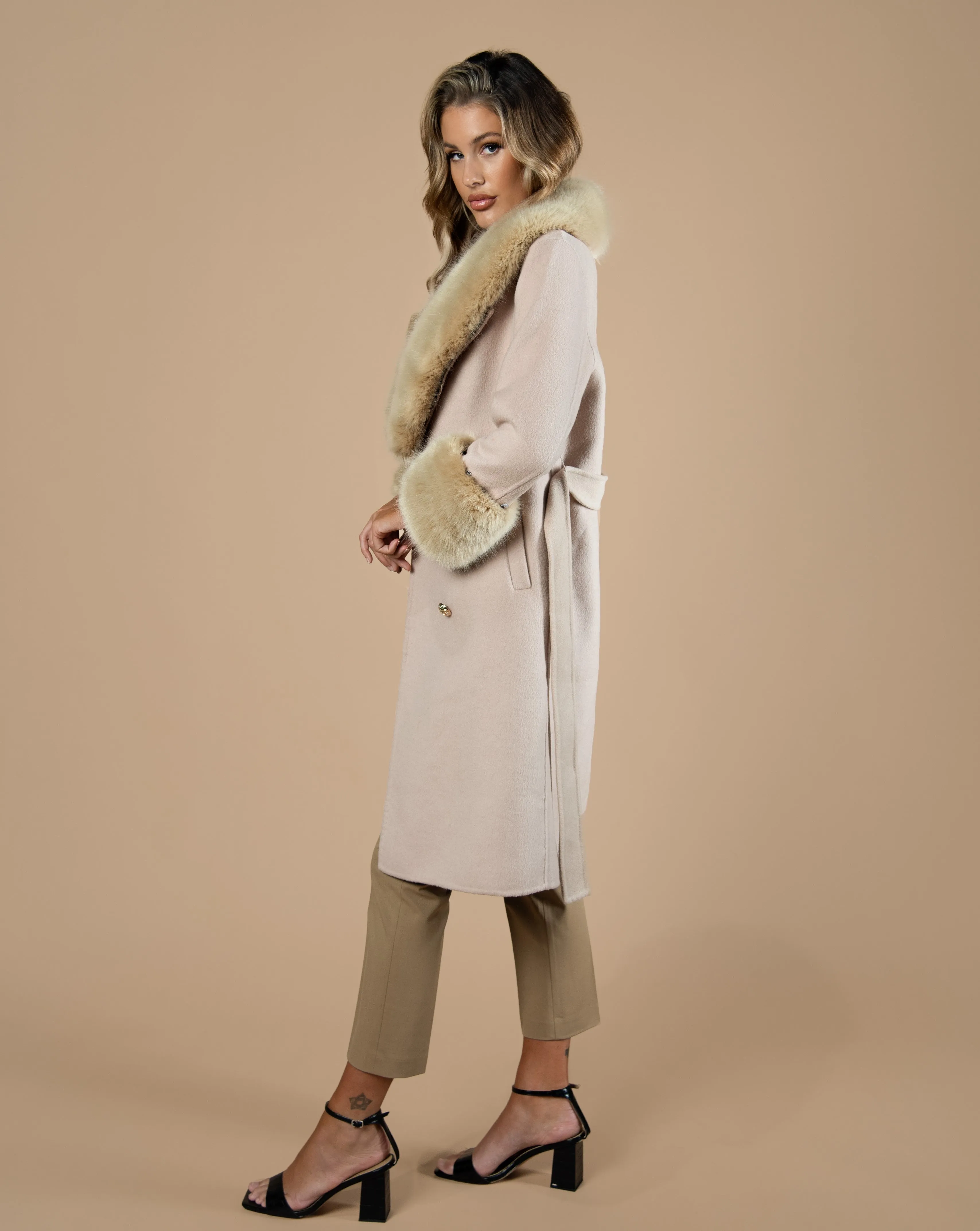 Taupe Cashmere Faux Fur Coat