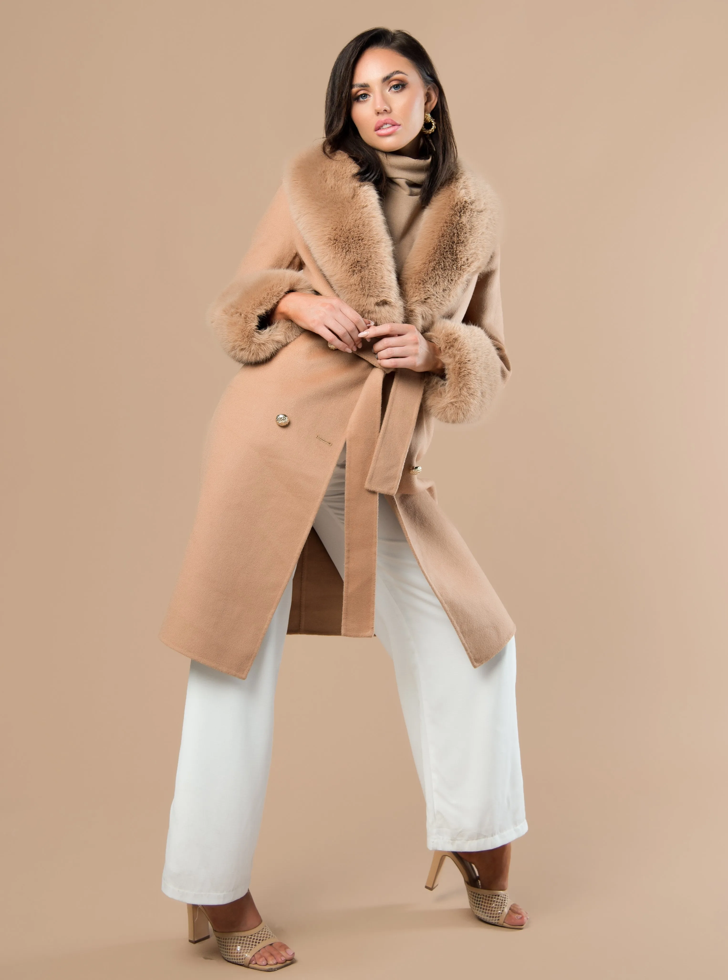 Taupe Cashmere Faux Fur Coat