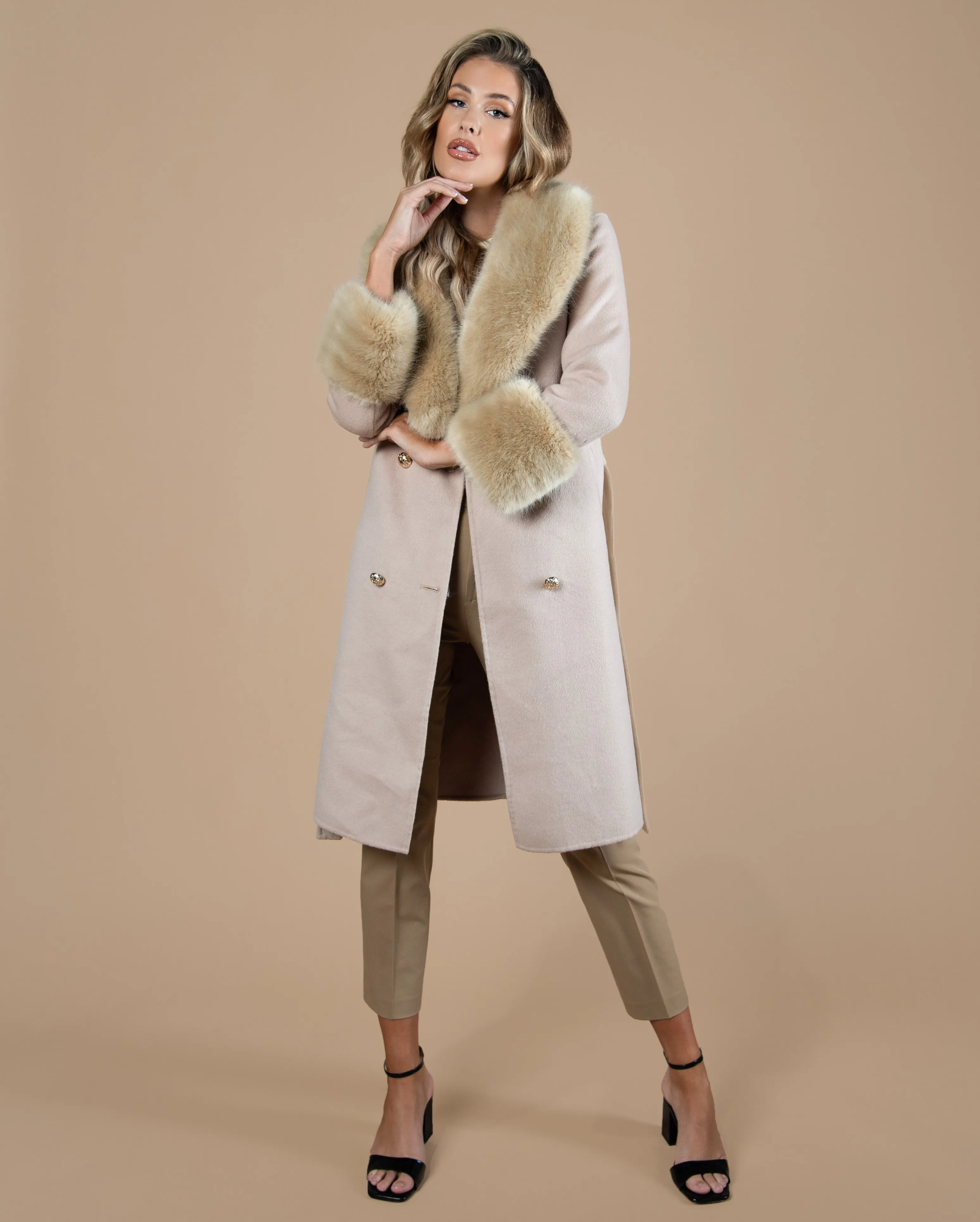 Taupe Cashmere Faux Fur Coat