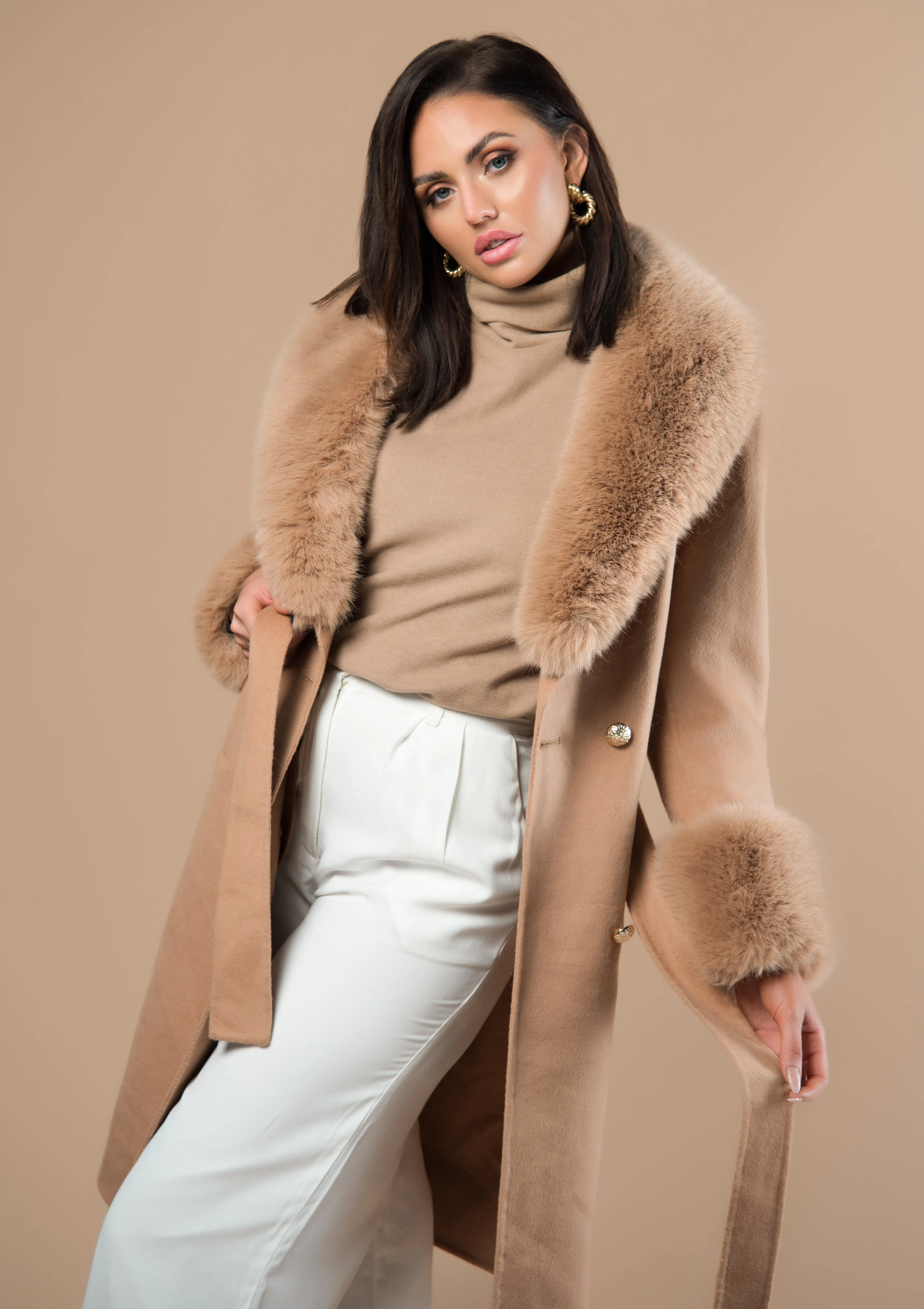 Taupe Cashmere Faux Fur Coat