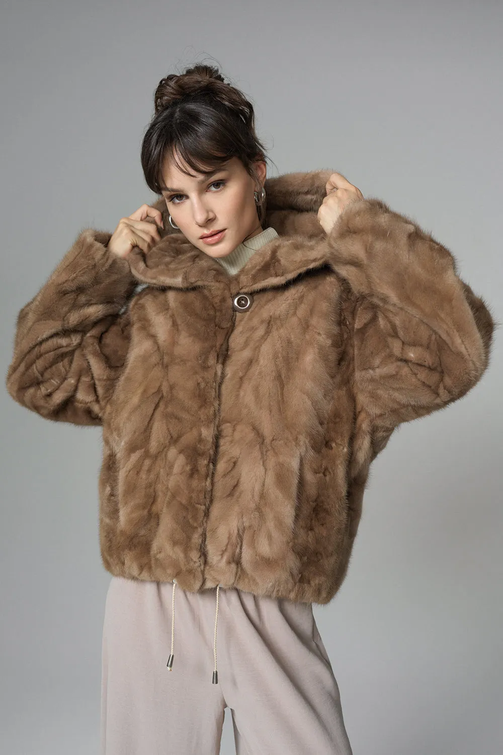 Taupe Hooded Nutria Mink Fur Coat