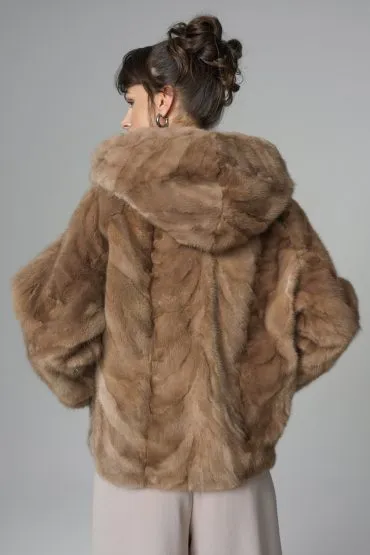 Taupe Hooded Nutria Mink Fur Coat