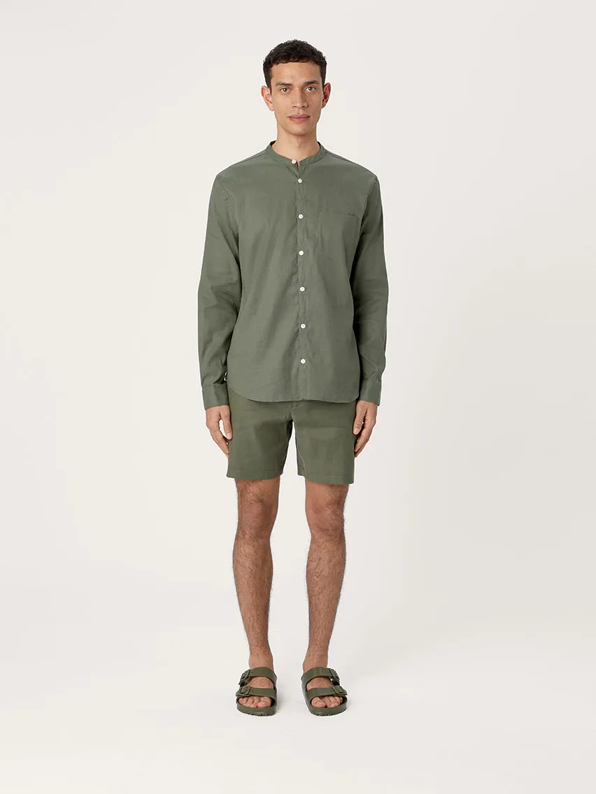 The All Day Shirt Linen Collarless || Olive | Linen