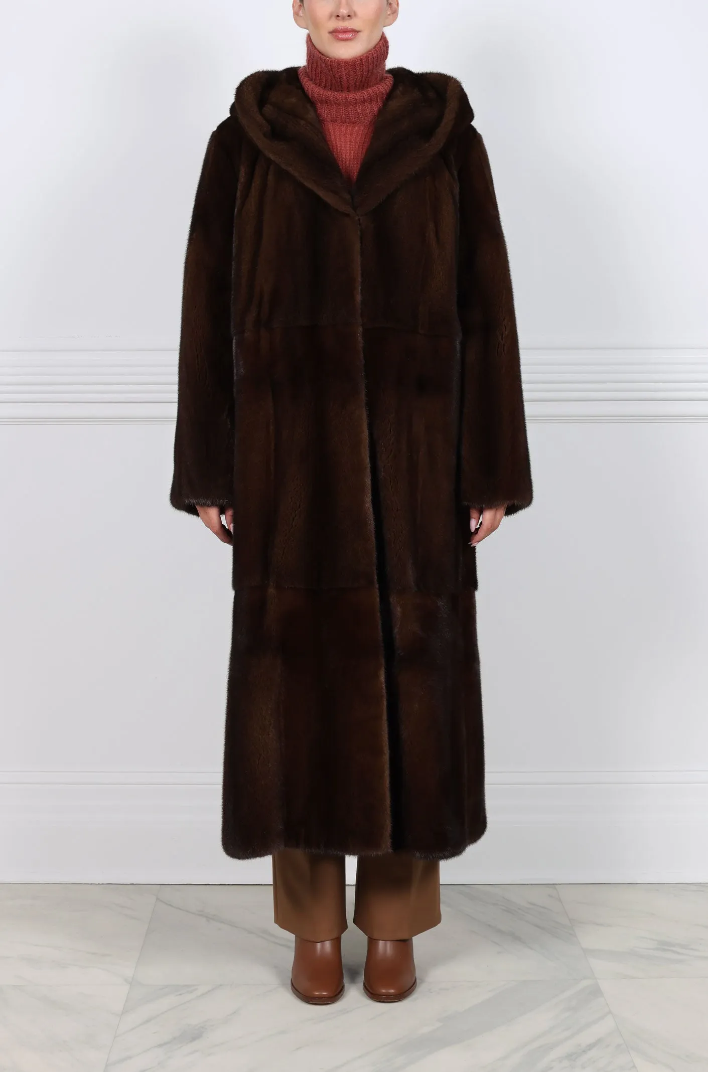 The Hazel Hooded Mahogany Mink Coat