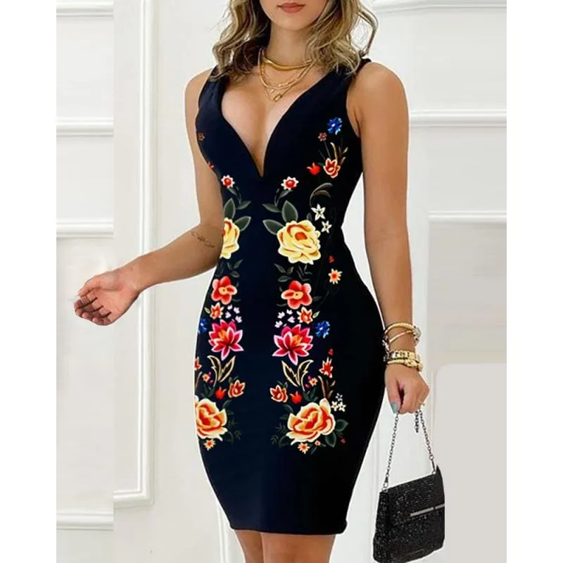 V-Neck Open Zipper Back Slit Hem Bodycon Dress