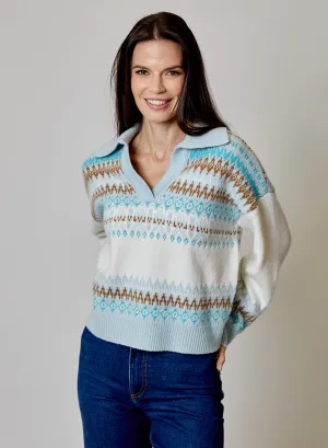 V-Neck Polo Blue Multi Stripe Fair Isle Sweater by Design History