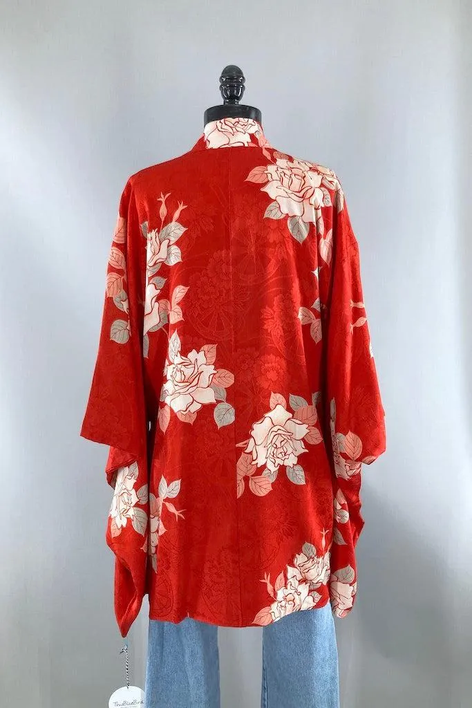 Vintage 1930s Red Roses Silk Kimono Cardigan