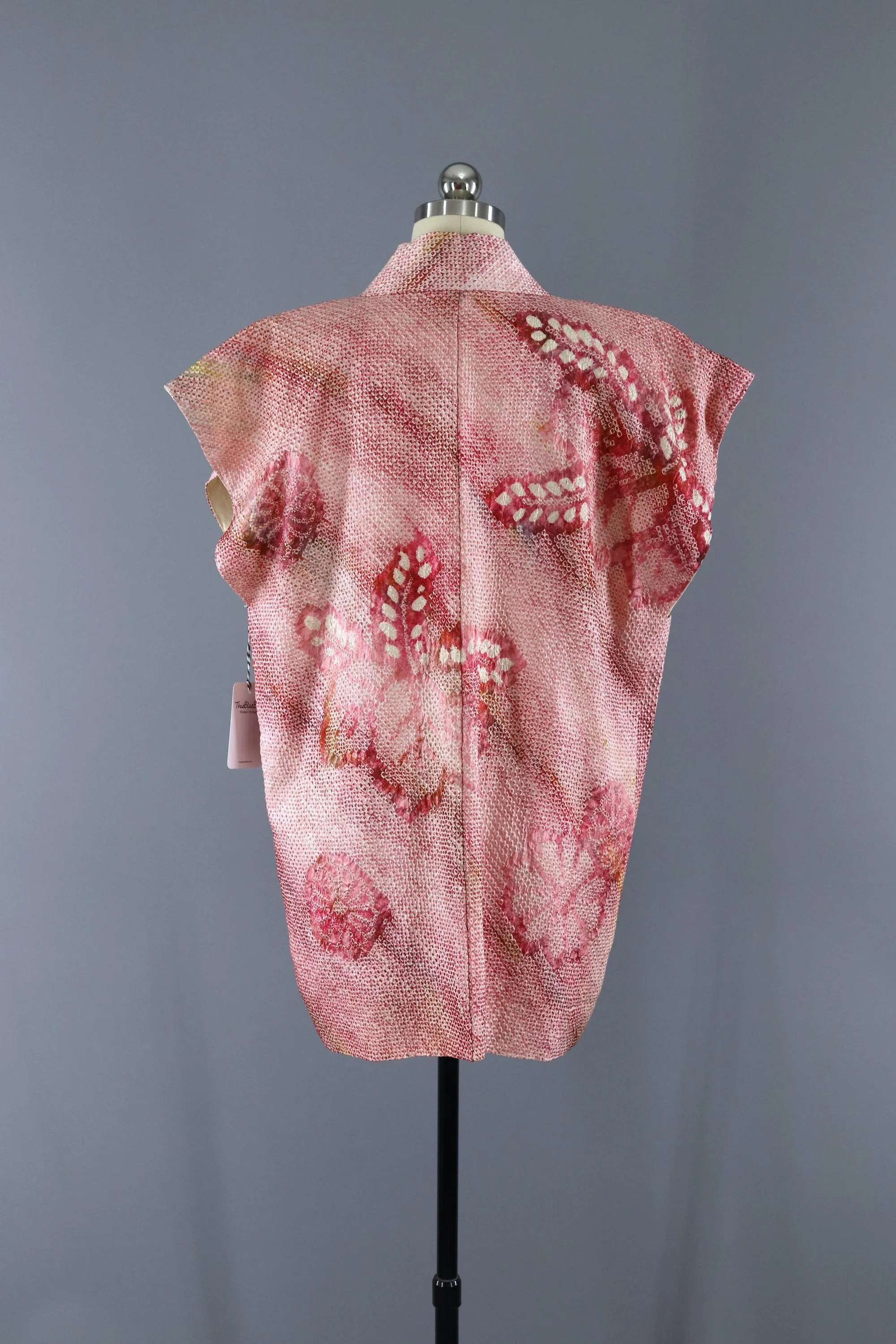 Vintage 1960s Silk Kimono Vest Cardigan / Pink Shibori Floral