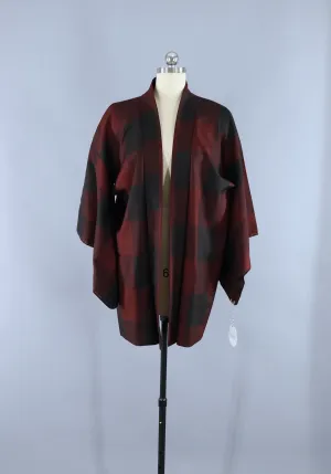 Vintage 1970s Haori Kimono Cardigan / Black & Red Plaid