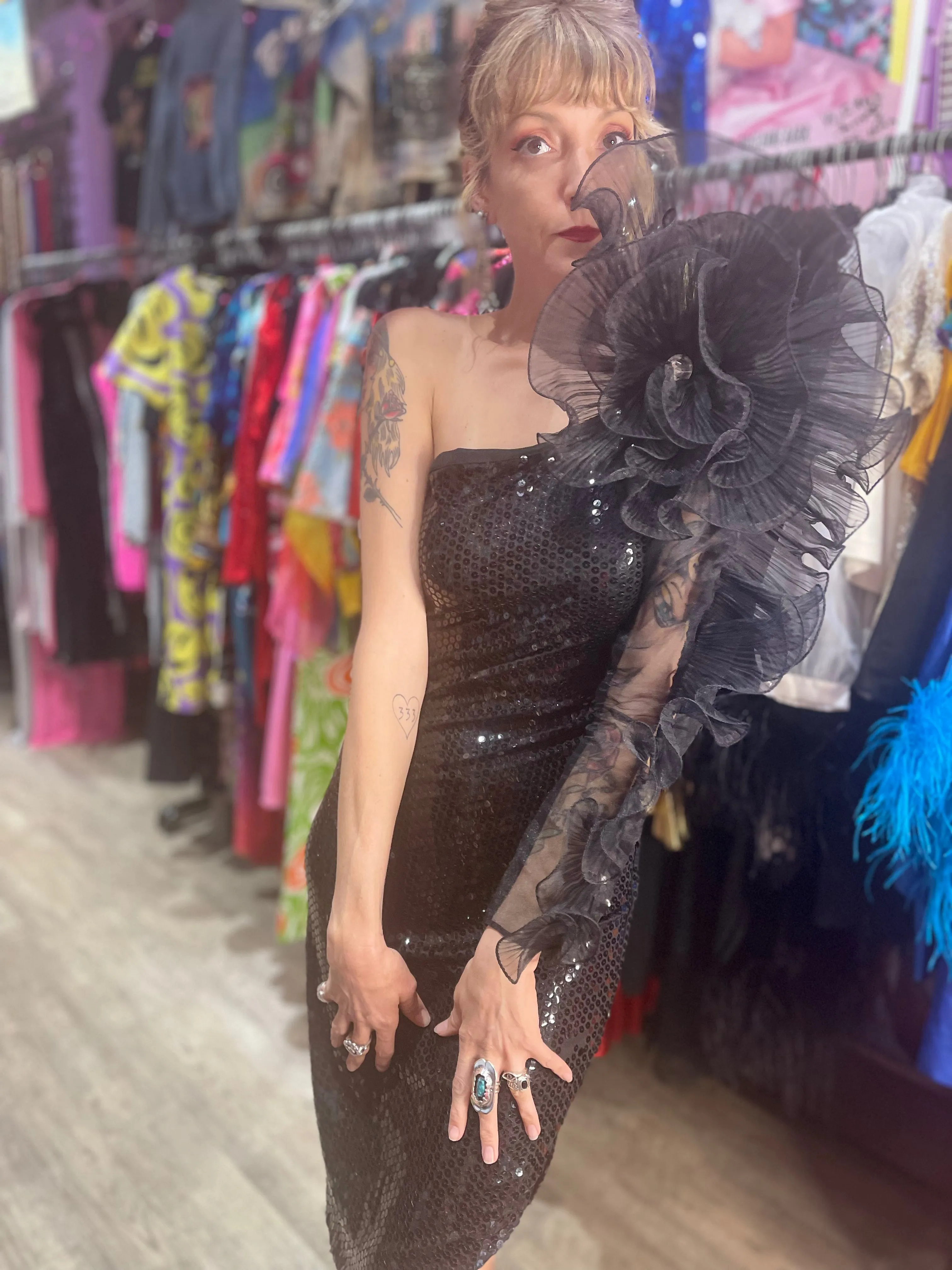 Vintage 80s Dramatic Shoulder Sequin Dress