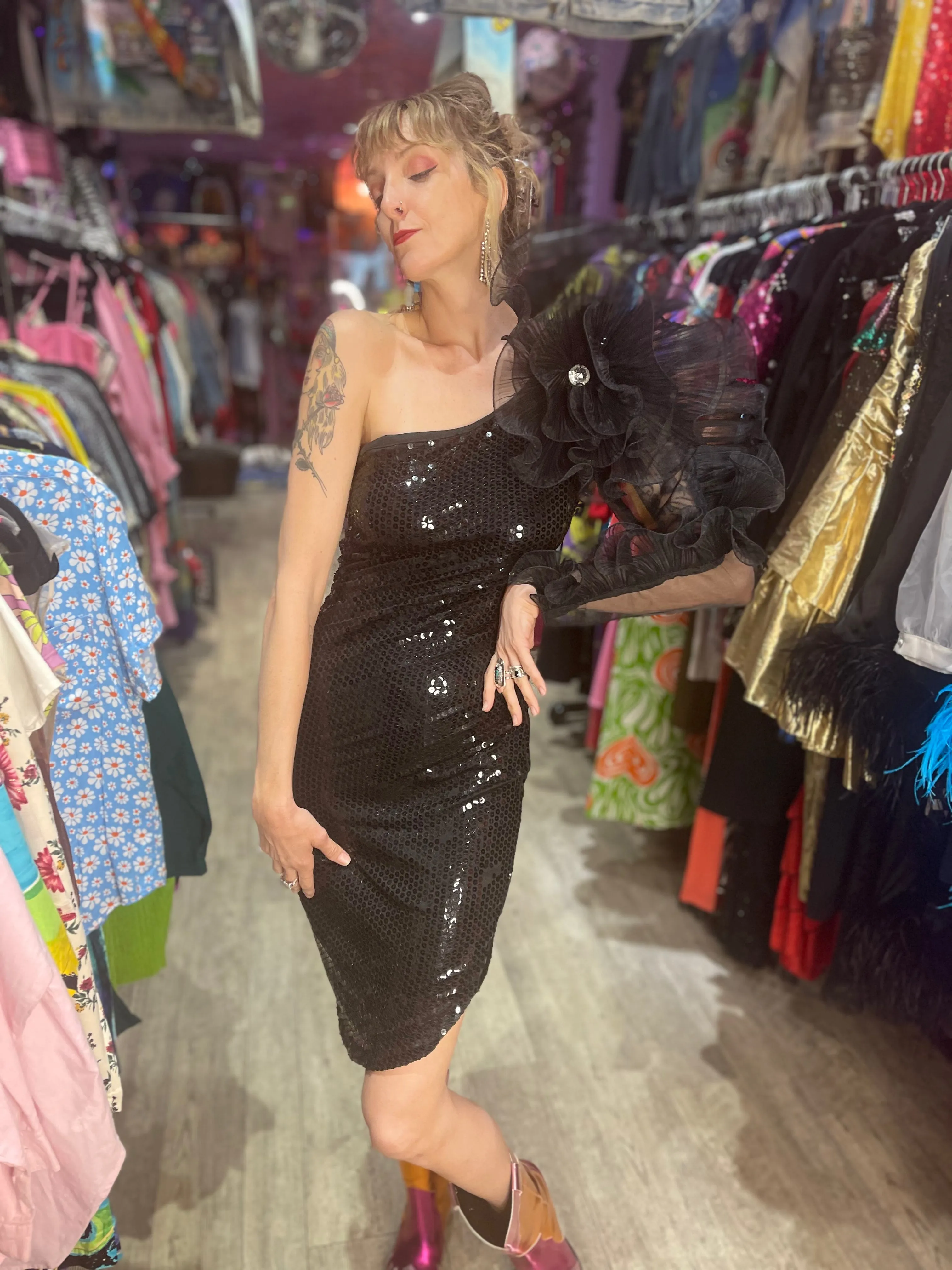 Vintage 80s Dramatic Shoulder Sequin Dress