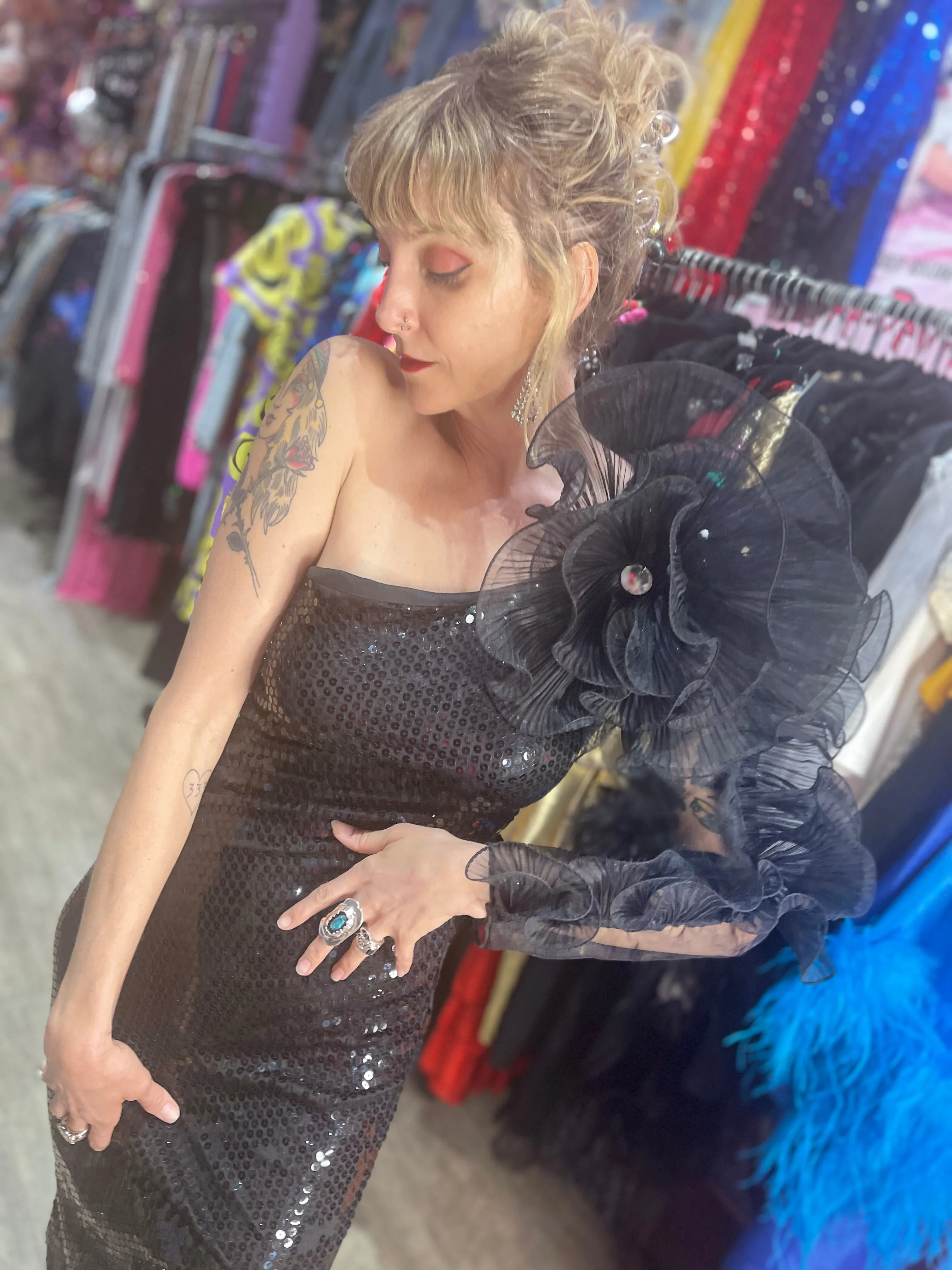 Vintage 80s Dramatic Shoulder Sequin Dress