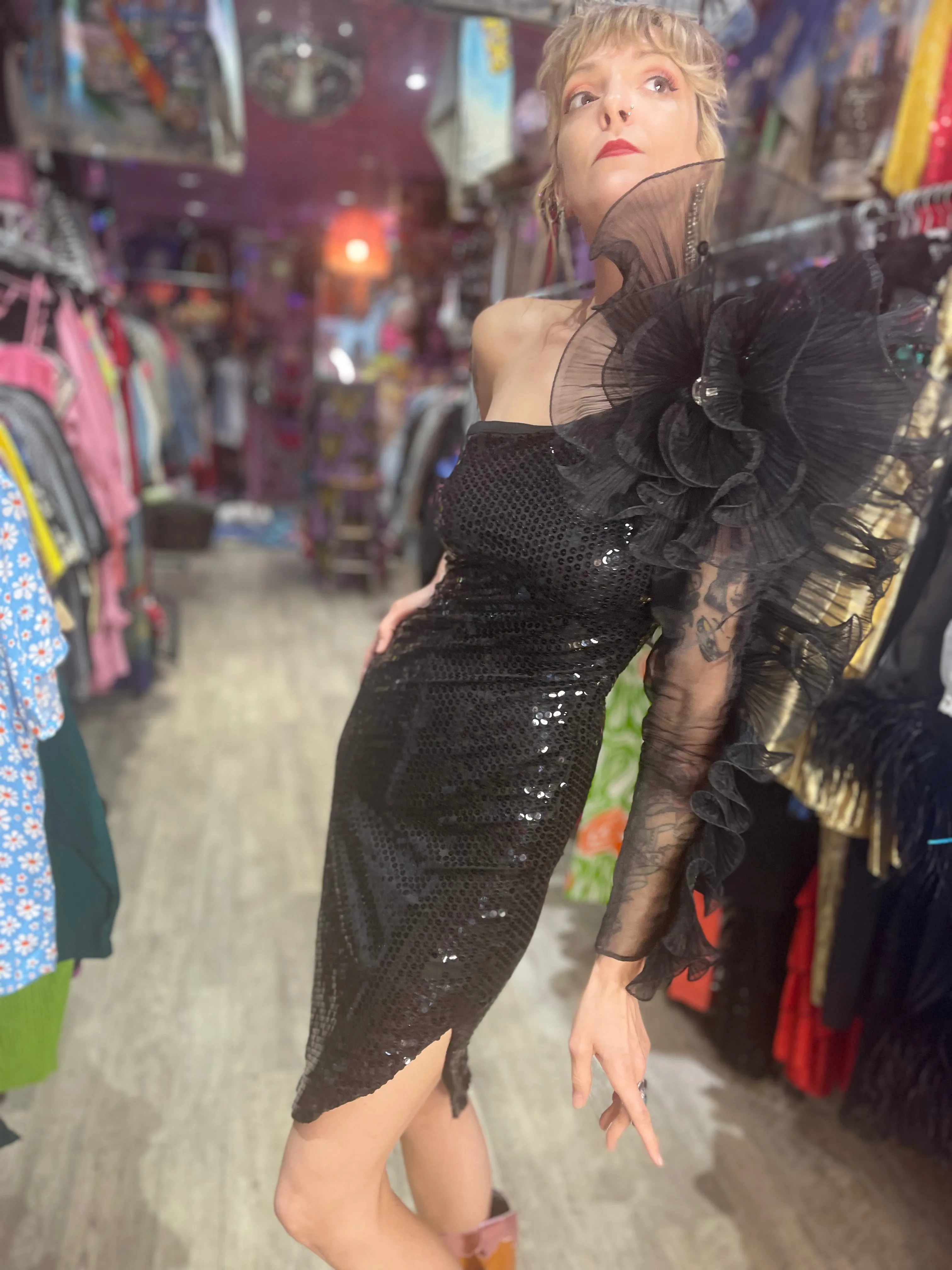 Vintage 80s Dramatic Shoulder Sequin Dress