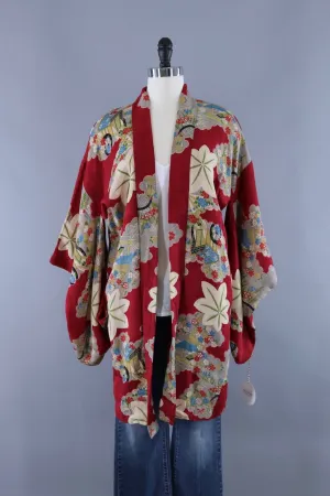 Vintage Silk Kimono Cardigan / Red Wagons Novelty Print