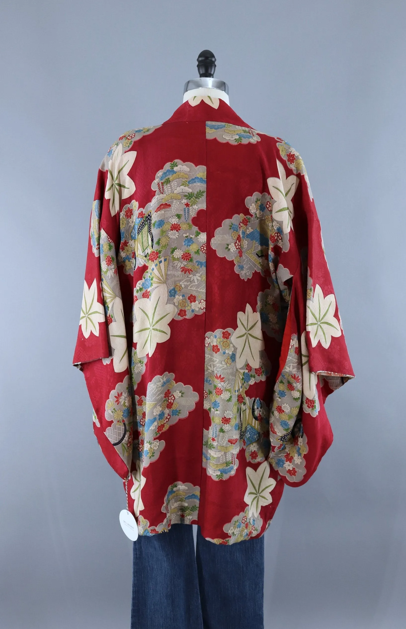 Vintage Silk Kimono Cardigan / Red Wagons Novelty Print