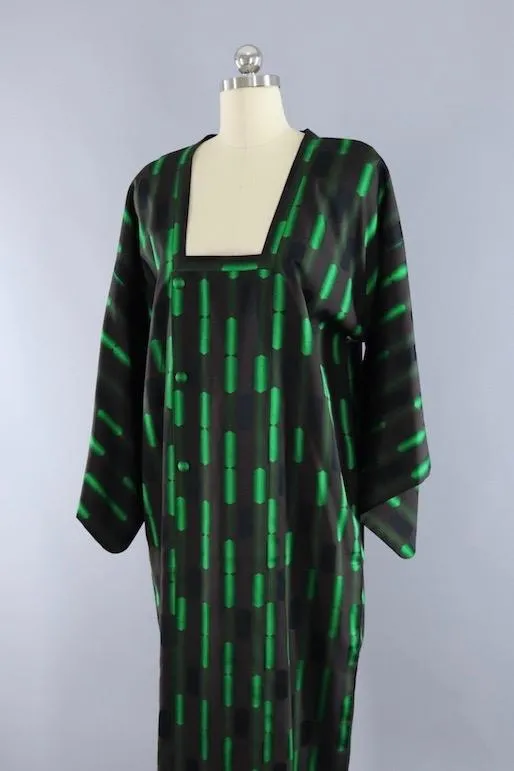 Vintage Silk Kimono Coat Jacket / Black and Green Geometric