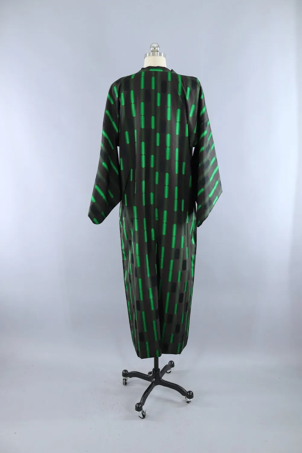 Vintage Silk Kimono Coat Jacket / Black and Green Geometric