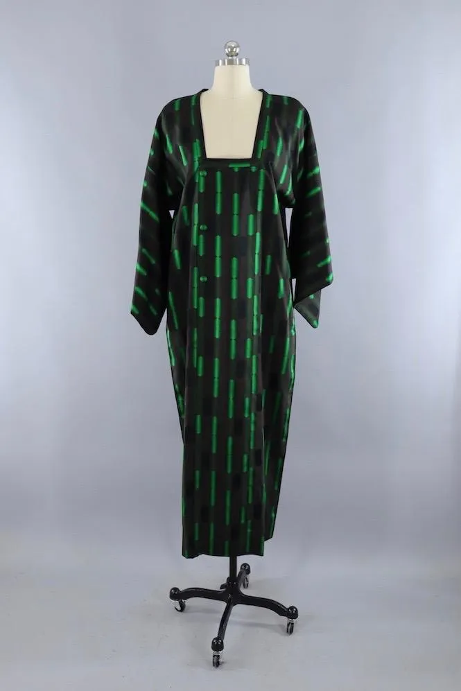 Vintage Silk Kimono Coat Jacket / Black and Green Geometric