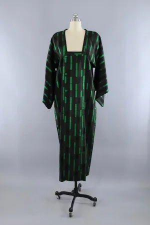 Vintage Silk Kimono Coat Jacket / Black and Green Geometric