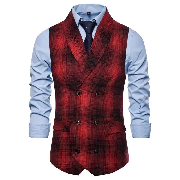 Wjczt Men  Winter Outfits  Formal Double Breasted Suit Vest Men Casual Stripe Plaid Waist Coat For Men Dress Vests Business Wedding Chalecos Para Hombre