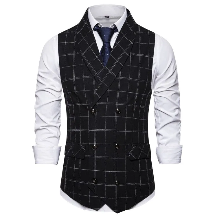 Wjczt Men  Winter Outfits  Formal Double Breasted Suit Vest Men Casual Stripe Plaid Waist Coat For Men Dress Vests Business Wedding Chalecos Para Hombre