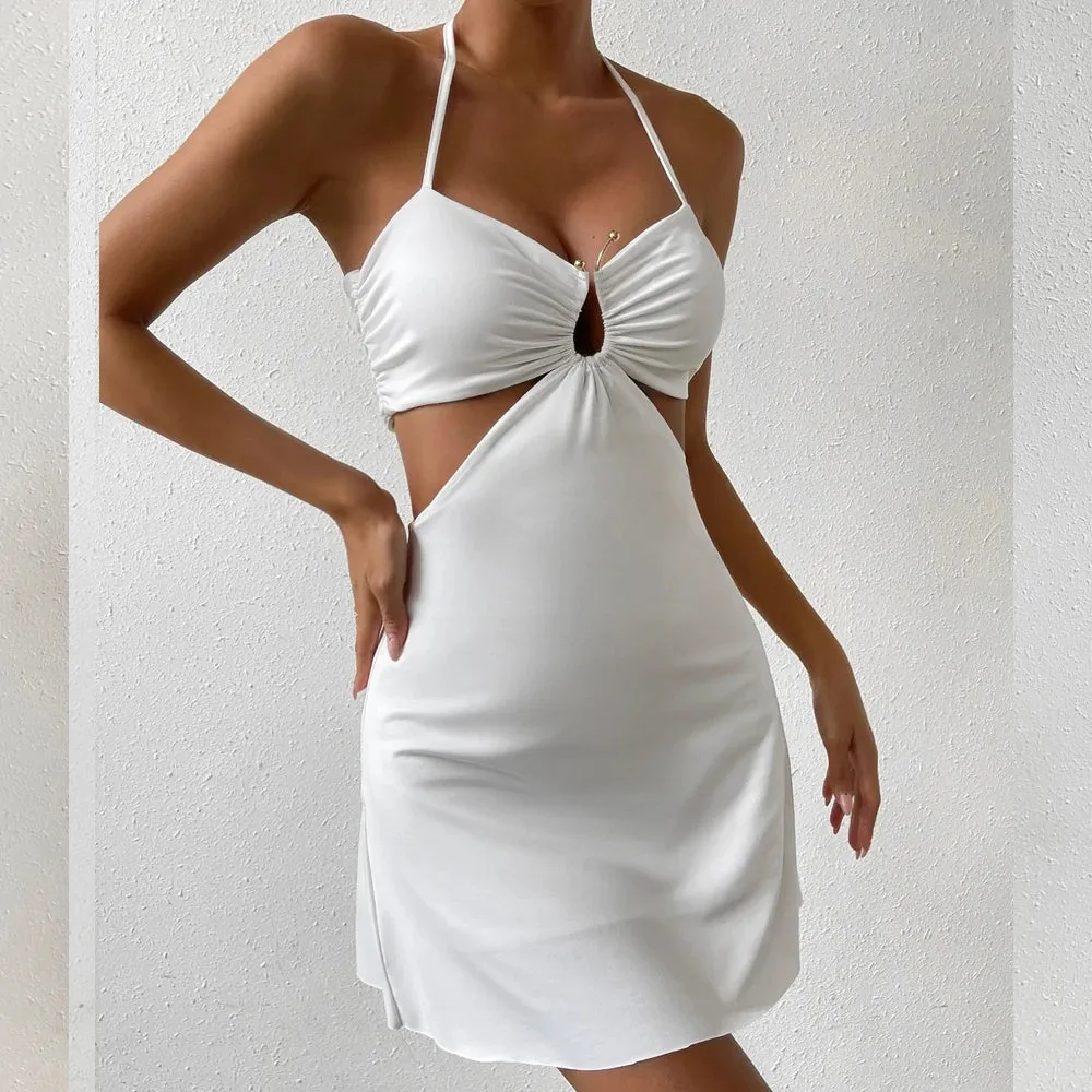 Women Summer Halter Out Bodycon New 2024 White Short Hollow Back Dress Dress