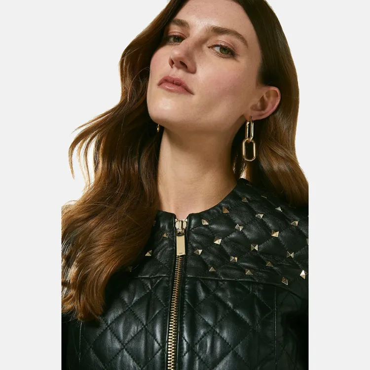 Women’s Black Leather Studded Bomber Jacket