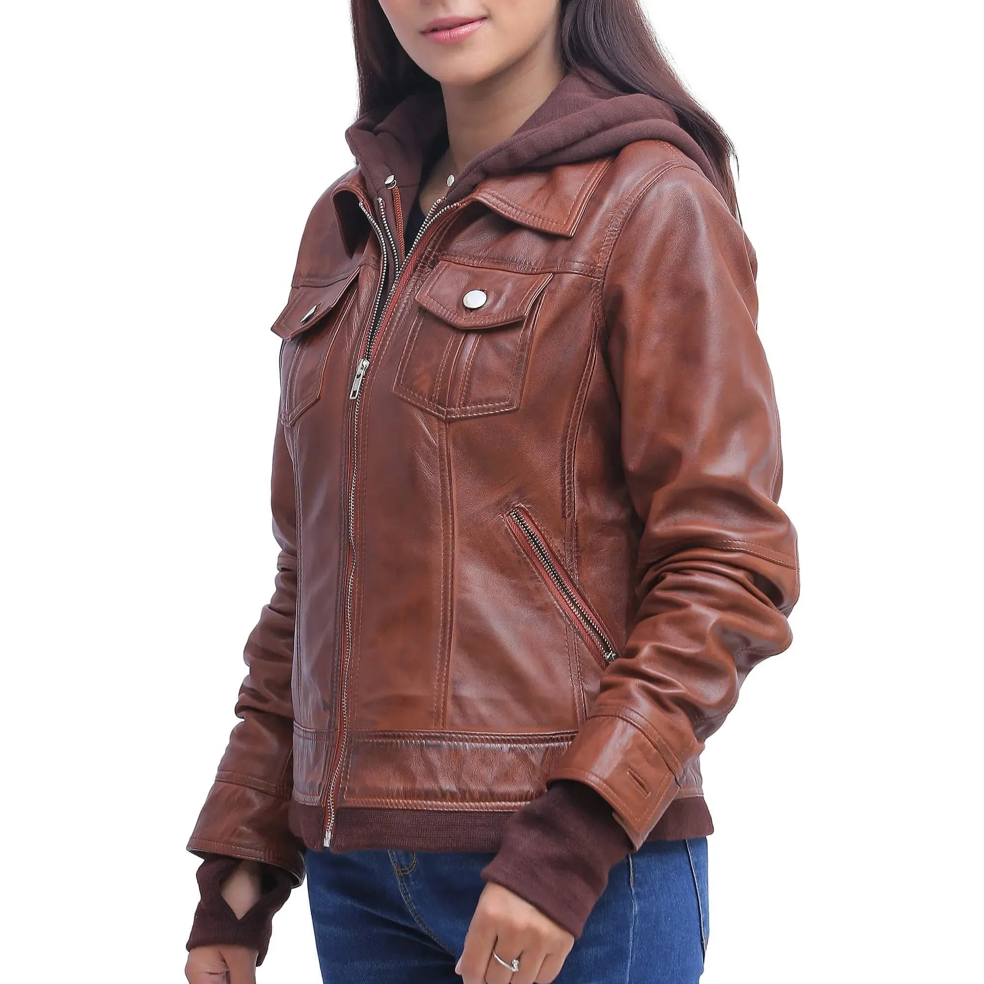 Womens Brown Leather Jacket With Hood