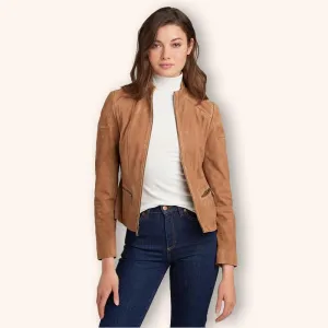 Women's Tan Brown Suede Leather Biker Jacket