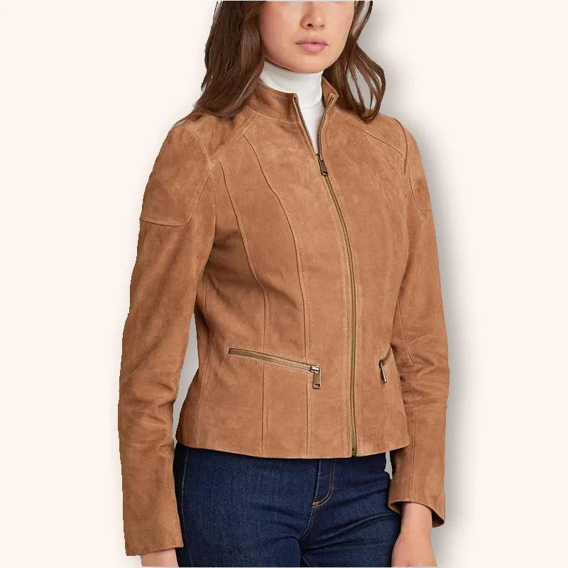 Women's Tan Brown Suede Leather Biker Jacket