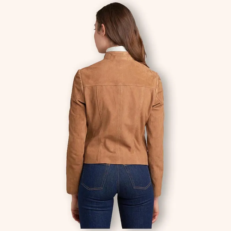 Women's Tan Brown Suede Leather Biker Jacket