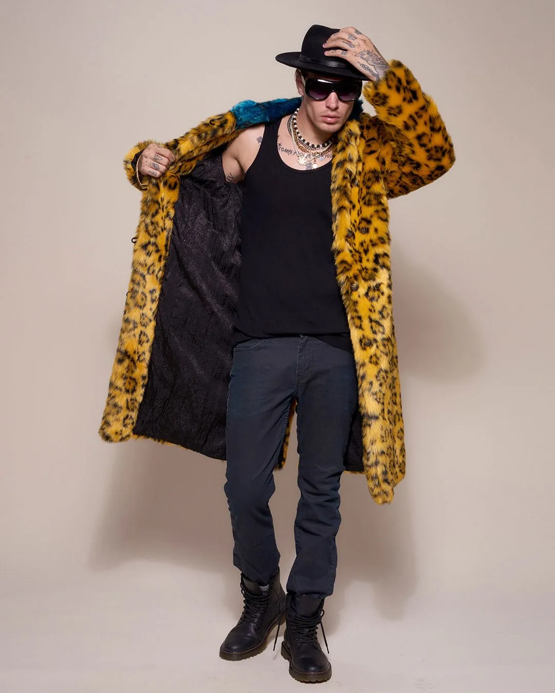 Yellow Cheetah Calf Length Faux Fur Coat | Men's